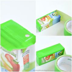 three pictures of green boxes with apple slices in them and one has a roll of toilet paper on it