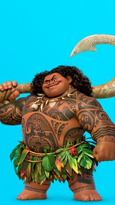 a cartoon character is holding an ax in his right hand and wearing a hula skirt