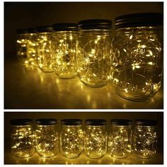 mason jars filled with fairy lights are shown in three different angles, one is empty and the other has no lid