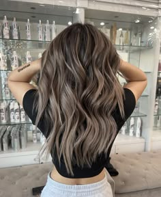 Brown Grown Out Roots, Mushroom Brown Balayage Hair Color, Ashy Dimensional Brunette, Brown Hair Ash Highlights, Light Ash Brown Hair Balayage, Mushroom Brown Hair With Highlights, Mushroom Brown Hair Color Balayage, Mushroom Balayage Brunette, Root Melt Brunette To Blonde