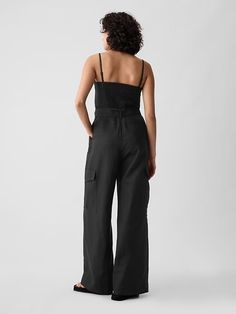 Linen-Cotton Cargo Jumpsuit | Gap Chic Cotton Jumpsuits With Spaghetti Straps, Germany Outfits, Cargo Jumpsuit, Cotton Jumpsuit, Light Texture, Soft Hand, Petite Size, Tie Belt, Square Neckline