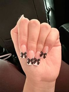 White French Tip With Black Bow, Black Bows Nails, Black Ribbon Nails, Black French Tip With Bow, French Tip Nails With Black, Black Nails With Bow, Black Frenchies Nails, Black Coquette Nails