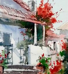 watercolor painting of red flowers in front of a white house