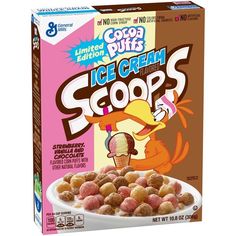 the cereal box is filled with ice cream scoops