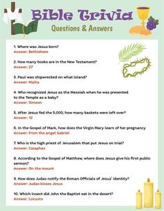 the bible trivia questions and answers for children to use in their own text book