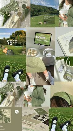 a collage of photos with green and white items on it, including an advertisement for home