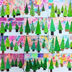 christmas trees made from construction paper and colored watercolors