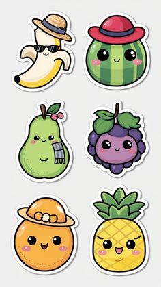 four stickers with different types of fruit and vegetables on them, all in various shapes