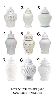 white ginger jars are shown in different sizes and shapes, with the words best white ginger jars currently in stock