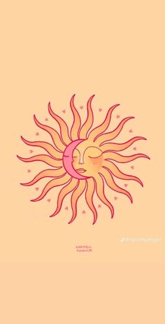 a drawing of the sun with its face in pink and yellow colors on an orange background