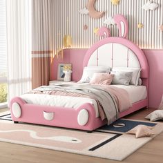 Twin Size Upholstered Platform Bed with Ribbit Shaped Headboard Kids Platform Bed, Unique Rabbit, Organizar Closet, Leather Platform Bed, Cartoon Ears, Whimsical Bedroom, Shaped Headboard, Pink Cartoon, Stylish Bed