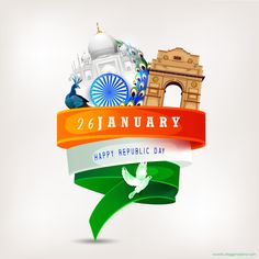 happy republic day with india flag and famous landmarks on ribbon, 3d illustration stock photo