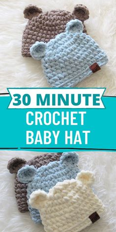 two crochet beanies with the words 30 minute crochet beanie free pattern