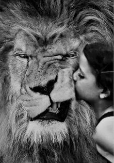 a woman and a lion face to face