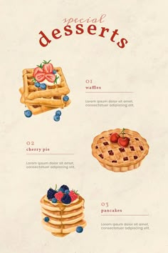 a poster with different types of desserts on it's sides, including waffles and strawberries