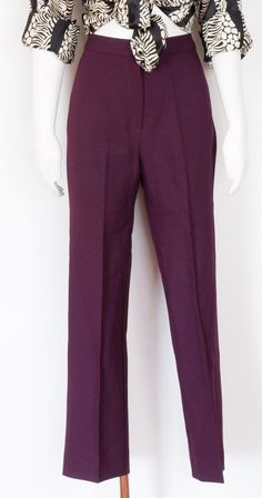 "Classic 1970's straight leg pants Dark purple polyester High Rise Straight leg Permanent crease Measurements: Best fits - Small Waist - 25\" Hip  - 35\" - 36\" Length - 39.5\" Rise - 12.5\" Inseam - 30\" Condition - Excellent - No major flaws Label - none *All measurements are taken in inches. Please compare and ensure fit of item before purchase. Please feel free to contact me with any questions. Looking for more pants? Check out these listings: https://www.etsy.com/shop/flatlandfinery?section Purple Pants Women, Formal Full-length Purple Bottoms, Purple Formal Full-length Bottoms, Purple Full Length Formal Bottoms, Full Length Purple Formal Bottoms, Purple Straight Pants For Formal Occasions, Formal Purple Straight Pants, Purple Wide Leg Pants For Work, Wide Leg Purple Workwear Pants