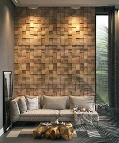 a living room filled with lots of furniture and walls covered in wood planked panels