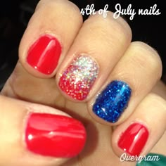 4th of July! Patriotic Nails Red White And Blue Nails, White And Blue Nails, American Manicure, Country Thunder, Fingernail Art, Patriotic Nails, Nail Glam, Nails With Glitter, Fourth Of July Nails