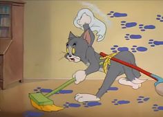 a cartoon cat cleaning the floor with a mop