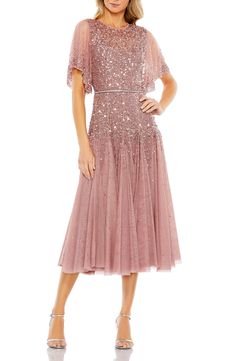 Mac Duggal Sequin & Crystal Embellished Ruffle Sleeve Midi Cocktail Dress | Nordstrom Short Wedding Guest Dresses, Cocktail Dress Style, Trim Waist, Gold Tea, Dazzling Dress, Blush Rose, Short Cocktail Dress, Rhinestone Trim, Midi Cocktail Dress