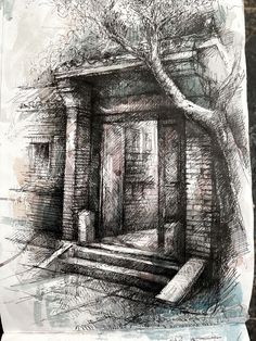 a drawing of a doorway in the woods