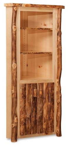 a wooden cabinet with two shelves made out of logs