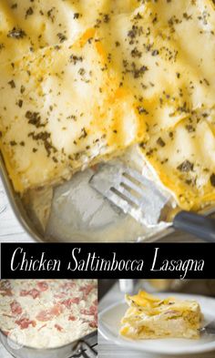 chicken, salmon and cheese lasagna casserole is shown in this collage