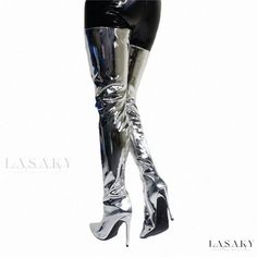 Lasaky - Pointed Toe Slim Heel Over-the-Knee Boots in Silver and Orange Silver Fitted Knee-high Boots, Fitted Silver Knee-high Boots For Fall, Silver Fitted Knee-high Boots For Fall, Fitted Silver Heeled Boots For Winter, Silver Fitted Heeled Boots For Winter, Super High Heels, Pointed Heels, Over The Knee Boots, Over The Knee