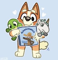 a cartoon dog holding two stuffed animals