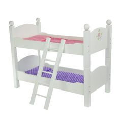 a white wooden bunk bed with pink and purple bedspread on the bottom level