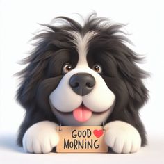 a black and white dog holding a sign that says good morning