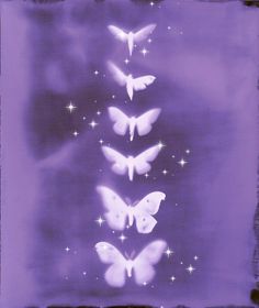 four white butterflies flying in the sky with stars on their backs and behind them is a purple background