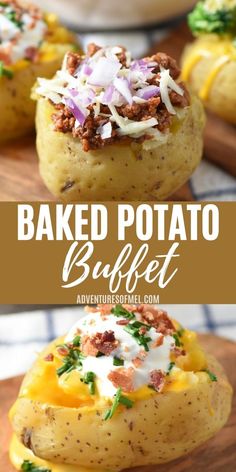 baked potato stuffed with cheese and other toppings on top, next to the recipe