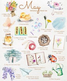 a watercolor poster with flowers and other things to do in may on the page