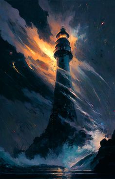 a painting of a lighthouse in the middle of a stormy sea with bright lights on it