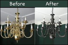 before and after photos of a chandelier that has been painted black with gold trim