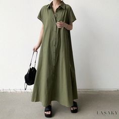 Lasaky - Loose-Fit Linen Short-Sleeve Shirt Dress with Turn-Down Collar Casual Long Shirt Dress, Khaki Short Sleeve Dress With Relaxed Fit, Khaki Short Sleeve Relaxed Fit Dress, Khaki Relaxed Fit Short Sleeve Dress, Khaki Short Sleeve Shirt Dress For Spring, Casual Khaki Short Sleeve Shirt Dress, Green Short Sleeve Maxi Dress For Fall, Casual Short Sleeve Maxi Dress For Work, Fall Green Maxi Dress With Short Sleeves