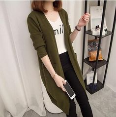 Long Cotton Cardigan, Fashion In Korea, Long Oversized Cardigan, Women Long Cardigan, Oversized Sweater Cardigan, Warm Cardigan, Solid Sweaters, Long Sleeve Knit Sweaters, Knitted Coat