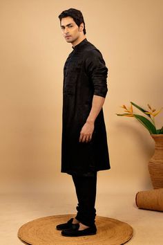 Black cotton kurta with pintuck detailed satin yoke. Paired with a matching churidar in cotton fabric. - Aza Fashions Cotton Kurta, Fashion App, Churidar, Pin Tucks, Aza Fashion, Black Cotton, Cotton Fabric, Satin, For Men