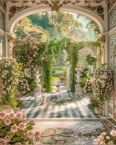 a painting of a garden with roses in the foreground and an archway leading into it