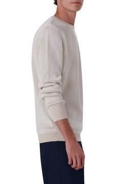 Knit from lightweight cotton with a comfortable fit, this long-sleeve sweater brings casual polish to everyday ensembles. 28" length; 44" chest Crewneck Long sleeves Ribbed cuffs and hem 100% cotton Dry clean Made in Italy Spring Long Sleeve V-neck Sweater With Ribbed Collar, Spring Long Sleeve Polo Sweater With Ribbed Cuffs, Beige Long Sleeve Sweater With Ribbed Collar, Fitted Cotton Sweater With Ribbed Cuffs, Beige Long Sleeve Polo Sweater For Spring, Spring Merino Wool Sweater With Ribbed Collar, Spring Merino Wool Everyday Sweater, Spring V-neck Sweater With Ribbed Collar, Long Sleeve Cream Polo Sweater With Ribbed Cuffs