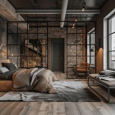 Open-concept industrial bedroom with distinct functional zones and intimate seating area1 Rugs Under Dining Table, Moody Bedroom Ideas, Industrial Bedroom Design, Industrial Style Bedroom, Bedroom Ideas For Men, Loft Inspiration, Industrial Style Interior, Moody Bedroom, Guest Bedroom Decor