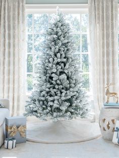 King of Christmas 8' King Flock® Artificial Christmas Tree Unlit Full Christmas Tree, Vishuddha Chakra, Slim Artificial Christmas Trees, Slim Tree, Slim Christmas Tree, Flocked Trees, Warm White Led Lights, A White Christmas, Flocked Christmas Trees