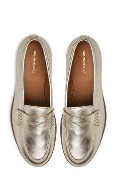 Buttery-smooth Italian leather means luxurious strides in this classic penny loafer set on a low stacked heel for added stability. Leather upper, lining and sole Made in Italy Womens Penny Loafers, Bit Loafers, Bruno Magli, Loafer Women, Platform Loafers, Penny Loafer, Suede Loafers, Penny Loafers, Stacked Heel