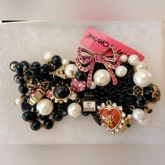 Cute Statement Chunky Betsey Johnson Charm Bracelet With Lots Of Pearls And Fun, Charms On A Black Metal Mesh Section Of The Front, The Back Of Bracelet Is 5 Rows Of Stretch Black Beads. I Bought At Bloomingdale’s Many Moons Ago, Misplaced It During A Move And Recently Found It. Junk Charm Bracelet, Insta Model, Betsey Johnson Jewelry, Metal Mesh, Black Beads, Betsey Johnson, Black Metal, Women Accessories, Charms