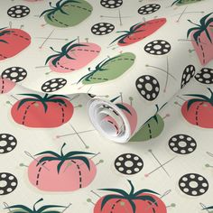 a wallpaper with tomatoes and ladybugs on it, all in different colors