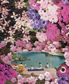 a collage of flowers and people sitting on a bench in front of a lake