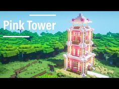 the pink tower in minecraft is surrounded by trees and bushes, with text overlaying it