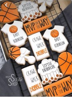 decorated cookies with basketballs and words on them