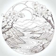 a circular drawing with flowers and mountains in the background